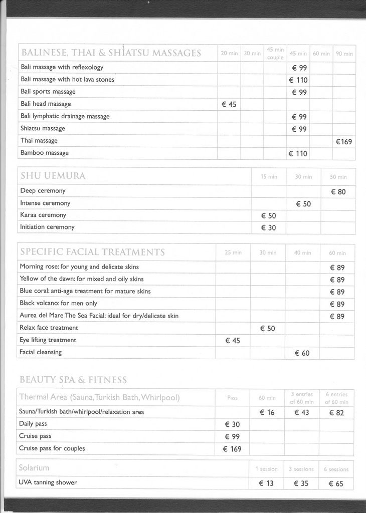 spa price list Cruise Critic Message Board Forums